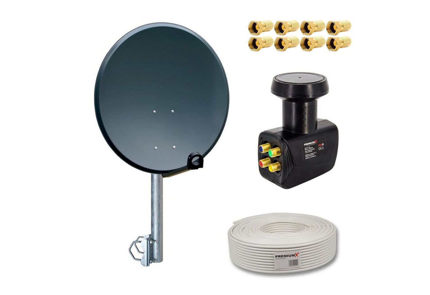 PremiumX Satelliten-Komplettanlage 4 Teilnehmer 60cm LNB Kabel Balkonhalter SAT-Antenne PremiumX Satelliten-Komplettanlage 4 Teilnehmer 60cm LNB Kabel Balkonhalter SAT-Antenne von PremiumX