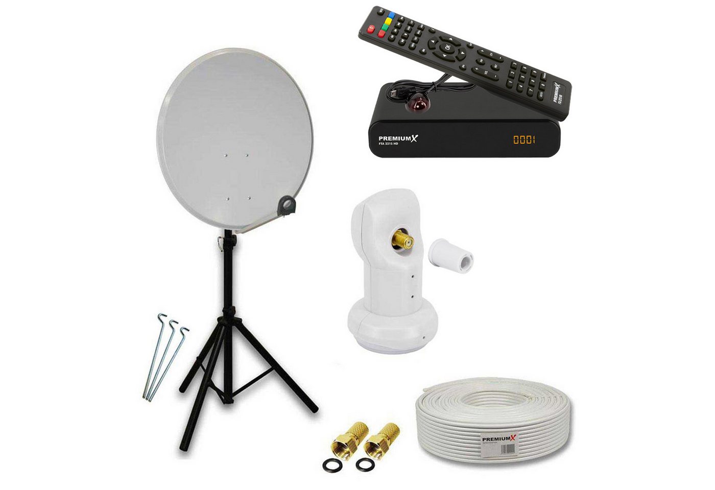 PremiumX Satelliten-Komplettanlage 80cm Single LNB Stativ Kabel Sat-Receiver SAT-Antenne PremiumX Satelliten-Komplettanlage 80cm Single LNB Stativ Kabel Sat-Receiver SAT-Antenne von PremiumX