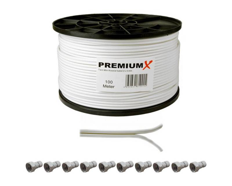 PremiumX Twini Mini KoaxialKabel 2x4mm Kabel 100m in weiß mit F-Stecker SAT-Kabel von PremiumX