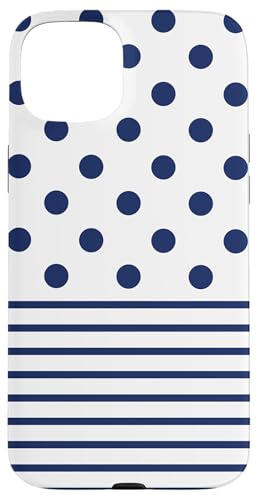 Marineblau-weiße Tupfen und gestreifte ästhetische adrette niedliche Hülle für iPhone 15 Plus Marineblau-weiße Tupfen und gestreifte ästhetische adrette niedliche Hülle für iPhone 15 Plus von Preppy Polka Girly Style