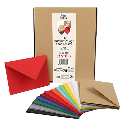PresentFil® 52 x Briefumschläge Bunt Mix (4 x 13 Farben) C6-162 x 114 mm ohne Fenster I 100% Recycling Kraftpapier I 120 g/m² stark I Blauer Engel zertifiziert I Made in Germany von Present Fill