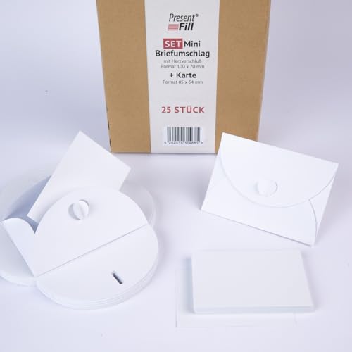 PresentFill® 25 Mini Briefumschläge mit Karten – Diamant Weiß – Kleine Umschläge Mini mit Herz Verschluss und Blanko Karten aus 100% Recycling Kraftpapier zum Selbst gestalten und beschriften von Present Fill
