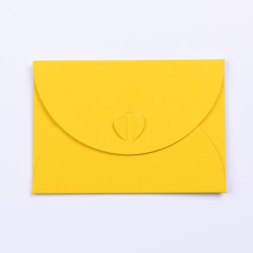 PresentFill® 25 Stück Mini Briefumschläge mit Herz Verschluss Sonnen Gelb Format 10 x 7 cm Kleine Umschläge aus 100% Recycling Kraftpapier zum gestalten, beschriften oder bedrucken von Present Fill