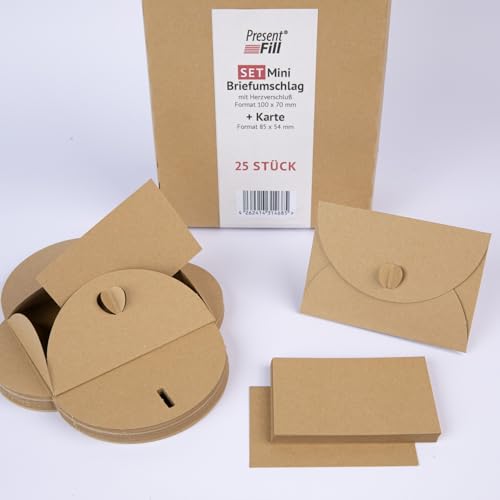 PresentFill® 50 Mini Briefumschläge mit Karten – Natur Braun – Kleine Umschläge Mini mit Herz Verschluss und Blanko Karten aus 100% Recycling Kraftpapier zum Selbst gestalten und beschriften von Present Fill