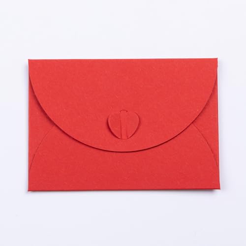 PresentFill® 50 Stück Mini Briefumschläge mit Herz Verschluss Rubin Rot Format 10 x 7 cm Kleine Umschläge aus 100% Recycling Kraftpapier zum gestalten, beschriften oder bedrucken von Present Fill