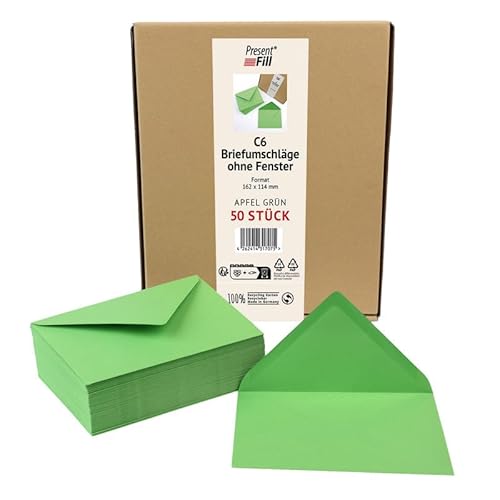 PresentFill® 50 x Briefumschläge Apfel Grün C6-162 x 114 mm ohne Fenster I 100% Recycling Kraftpapier I 120 g/m² stark I Blauer Engel zertifiziert I Made in Germany von Present Fill