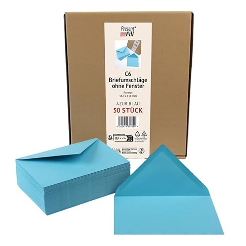 PresentFill® 50 x Briefumschläge Azur Blau C6-162 x 114 mm ohne Fenster I 100% Recycling Kraftpapier I 120 g/m² stark I Blauer Engel zertifiziert I Made in Germany von Present Fill