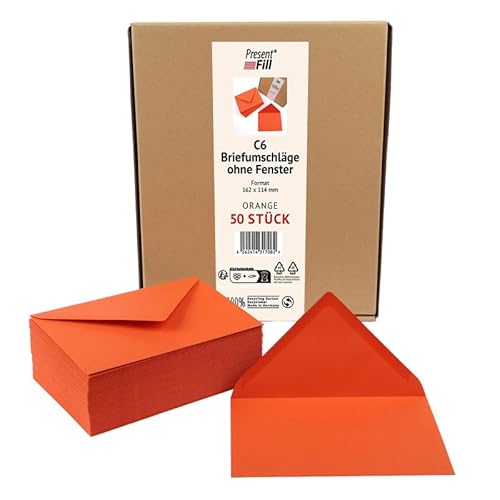 PresentFill® 50 x Briefumschläge Orange C6-162 x 114 mm ohne Fenster I 100% Recycling Kraftpapier I 120 g/m² stark I Blauer Engel zertifiziert I Made in Germany von Present Fill