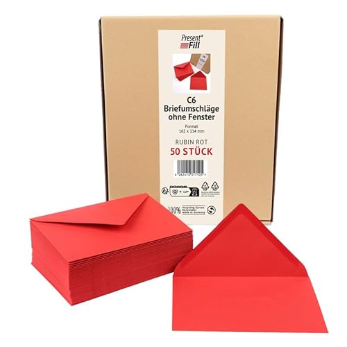 PresentFill® 50 x Briefumschläge Rubin Rot C6-162 x 114 mm ohne Fenster I 100% Recycling Kraftpapier I 120 g/m² stark I Blauer Engel zertifiziert I Made in Germany von Present Fill