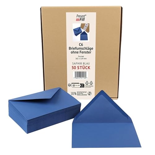 PresentFill® 50 x Briefumschläge Saphir Blau C6-162 x 114 mm ohne Fenster I 100% Recycling Kraftpapier I 120 g/m² stark I Blauer Engel zertifiziert I Made in Germany von Present Fill