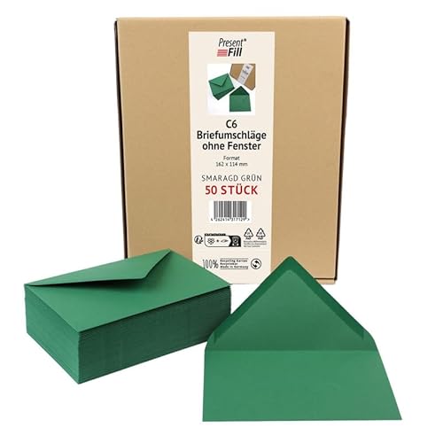 PresentFill® 50 x Briefumschläge Smaragd Grün C6-162 x 114 mm ohne Fenster I 100% Recycling Kraftpapier I 120 g/m² stark I Blauer Engel zertifiziert I Made in Germany von Present Fill