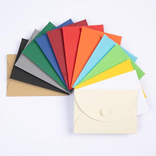 PresentFill® 52er Set Mini Briefumschläge bunt mit Herz Verschluss, Mix verschieden Farbig Format 10 x 7 cm Kleine Umschläge aus 100% Recycling Kraftpapier zum gestalten, beschriften oder bedrucken von Present Fill