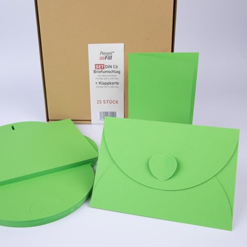 PresentFill® - blanko Falt-Karten inkl. Briefumschläge mit Herz Verschluß - 25er Set - Apfel Grün - Klappkarten zum selbst gestalten, beschriften oder bedrucken - DIN A6 / C6 von Present Fill