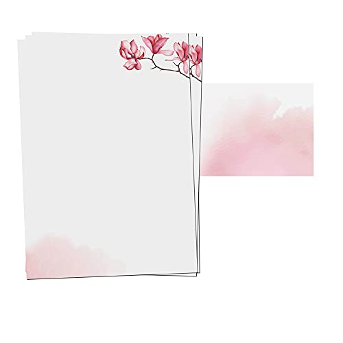 25er Set PRESENTOU Briefpapier beidseitig bedruckt 120 Gramm Papier | Motivpapier Urkundenpapier Urkunde Speisekarte Liebesbrief (Aquarell Blumen Rosa, 25 + 25 Bögen + Umschläge) von Presentou
