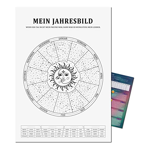 Mein Jahresbild by Presentou | Gestalte dein Jahr als individuelles Bild | inkl. psychologischer Auswertung | Kalender zum Ausmalen mit Stimmungslage | Spirituelles Motiv (Sun&Moon A3 (29,7x42cm)) von Presentou