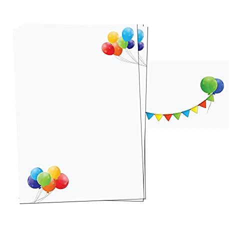 PRESENTOU Briefpapier beidseitig bedruckt 120 Gramm Papier | Motivpapier Urkundenpapier Urkunde Speisekarte Liebesbrief (Luftballons, 25 + 25 Bögen + Umschläge) von Presentou