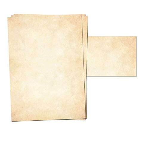 25er Set PRESENTOU Briefpapier beidseitig bedruckt 120 Gramm Papier | Motivpapier Urkundenpapier Urkunde Speisekarte Liebesbrief (Vintage Hell, 25 + 25 Bögen + Umschläge) von Presentou