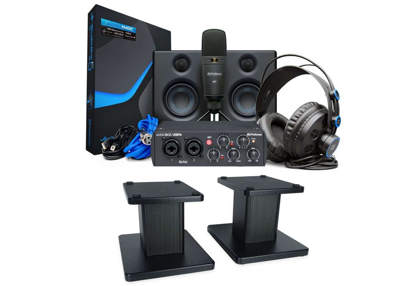 Presonus Audiobox 96 Recording-Set Digitales Aufnahmegerät (mit Mikrofon, Audiointerface, Lautsprecher, Kopfhörer und Boxenständer) von Presonus