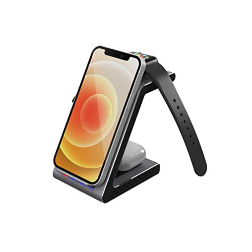 Prestigio Revolt A8 3 in 1 Kabellose Ladestation Kompatibel mit Apple-Produkten, Drahtloses Ladegerät für iPhone, Apple Watch und Airpods – Wireless Ladestation Charger Station für Handy, iWatch von Prestigio