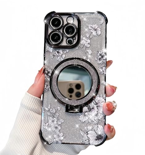 Pretaco Schutzhülle für iPhone 11 Pro Max mit Diamantspiegel-Ständer, verstärkter Conner Bumper, glitzerndes Blumendesign, luxuriöser glänzender galvanisierter Rand für Damen und Mädchen, Schwarz Pretaco Schutzhülle für iPhone 11 Pro Max mit Diamantspiegel-Ständer, verstärkter Conner Bumper, glitzerndes Blumendesign, luxuriöser glänzender galvanisierter Rand für Damen und Mädchen, Schwarz von Pretaco