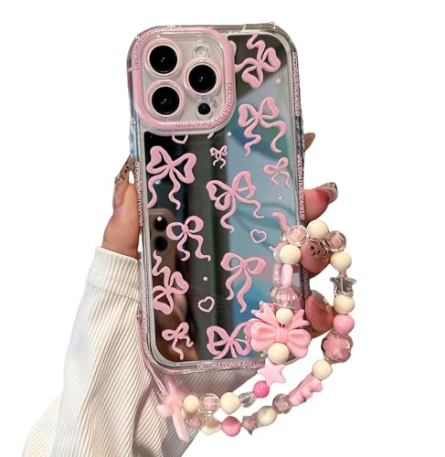 Pretaco Schutzhülle für iPhone 15 Pro Max, rosa Schleife, glänzende Spiegelhülle, 2-in-1 mit Perlenhandschlaufe, weicher TPU-Rahmen, stoßfest und stoßfest, geeignet für Frauen und Mädchen Pretaco Schutzhülle für iPhone 15 Pro Max, rosa Schleife, glänzende Spiegelhülle, 2-in-1 mit Perlenhandschlaufe, weicher TPU-Rahmen, stoßfest und stoßfest, geeignet für Frauen und Mädchen von Pretaco