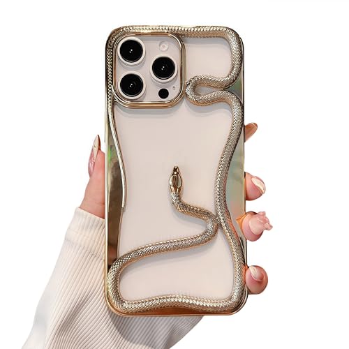 Pretaco Stilvolle 3D-Schutzhülle mit Schlangenmuster für iPhone 14 Pro Max, luxuriöse, verchromte Beschichtung, wärmeableitendes Thermo-Design, stoßfest, goldfarben von Pretaco