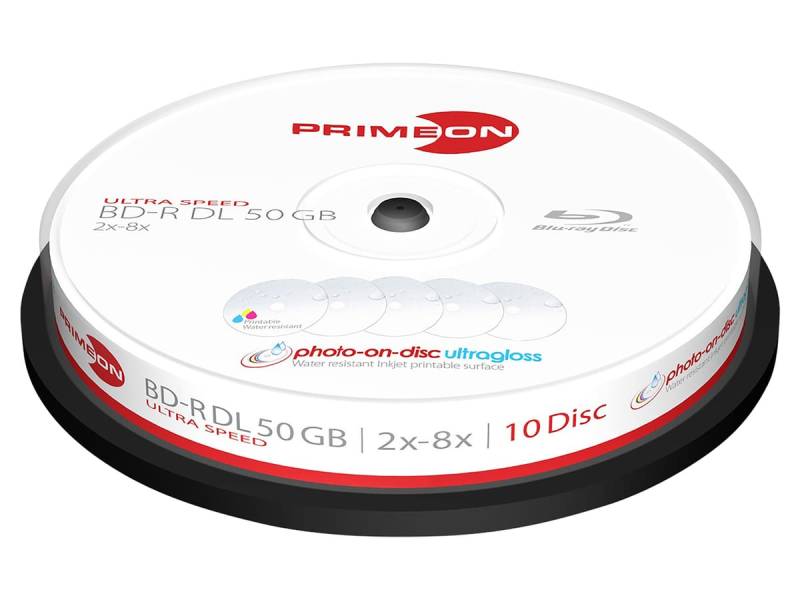 PRIMEON BD-Rohling BD-R DL 50GB 2-8x Cakebox 10 Stück printable ultragloss von Primeon