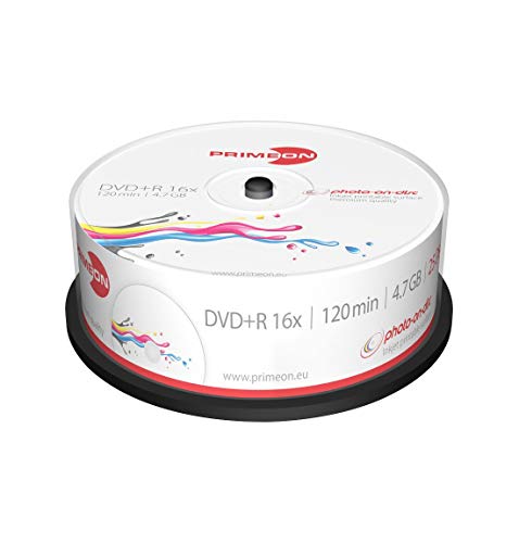 PRIMEON DVD+R 4.7GB/120Min/16x Cakebox, photo-on-disc, Inkjet Full Size Printable Surface (25 Disc) von Primeon