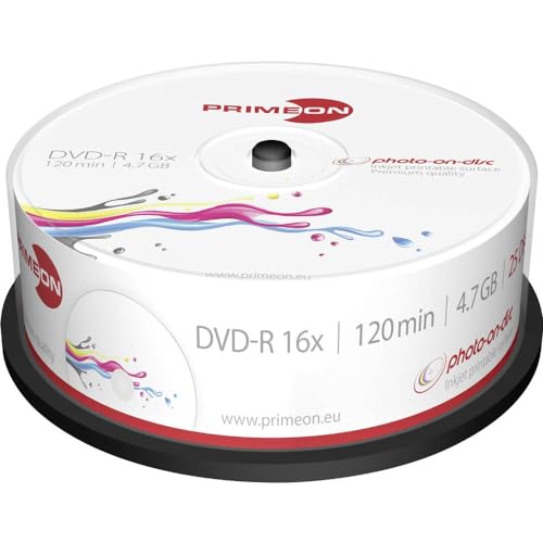 PRIMEON DVD-R 4.7GB/120Min/16x Cakebox, photo-on-disc, Inkjet Full Size Printable Surface (25 Disc) von Primeon