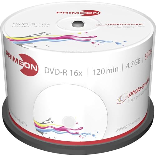 PRIMEON DVD-R 4.7GB/120Min/16x Cakebox, photo-on-disc, Inkjet Full Size Printable Surface (50 Disc) von Primeon