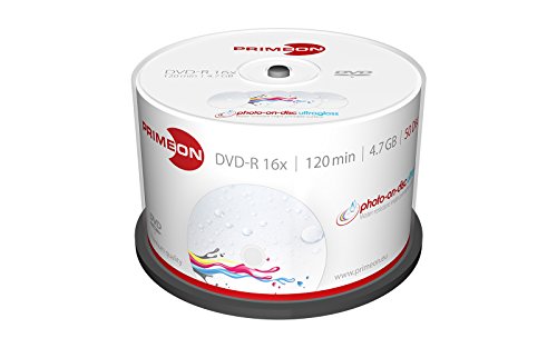 PRIMEON DVD-R 4.7GB/120Min/16x Cakebox, photo-on-disc ultragloss, Water resistant, Inkjet Full Size Printable Surface (50 Disc) von Primeon