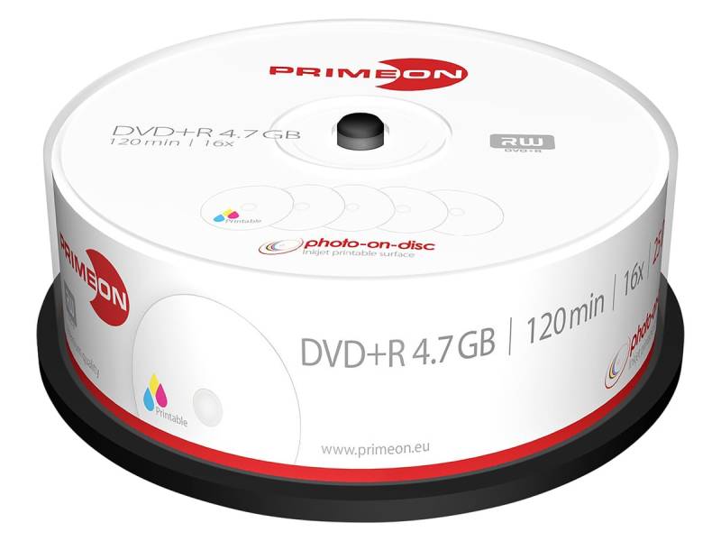 PRIMEON DVD-Rohling DVD+R 120Min 4.7GB 16x Cakebox 25 Stück printable von Primeon