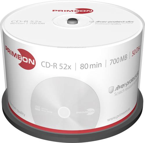 Primeon 2761102 CD-R 80 Rohling 700 MB 50 St. Spindel Silber Matte Oberfläche von Primeon