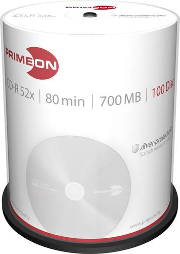 Primeon 2761103 CD-R 80 Rohling 700 MB 100 St. Spindel Silber Matte Oberfläche von Primeon