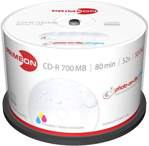 Primeon 2761109 CD-R 80 Rohling 700 MB 50 St. Spindel Bedruckbar, Hochglanz Oberfläche, Wasserfest, von Primeon