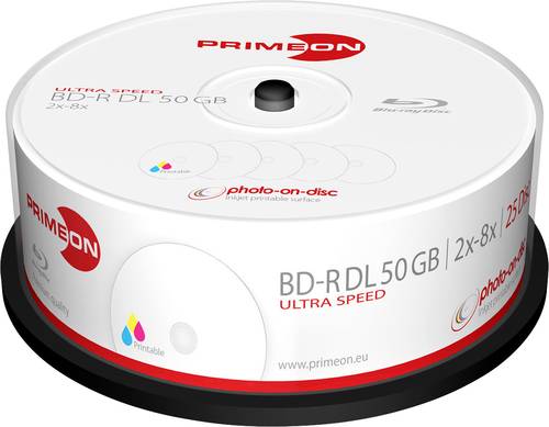 Primeon 2761319 Blu-ray BD-R DL Rohling 50GB 25 St. Spindel Bedruckbar von Primeon