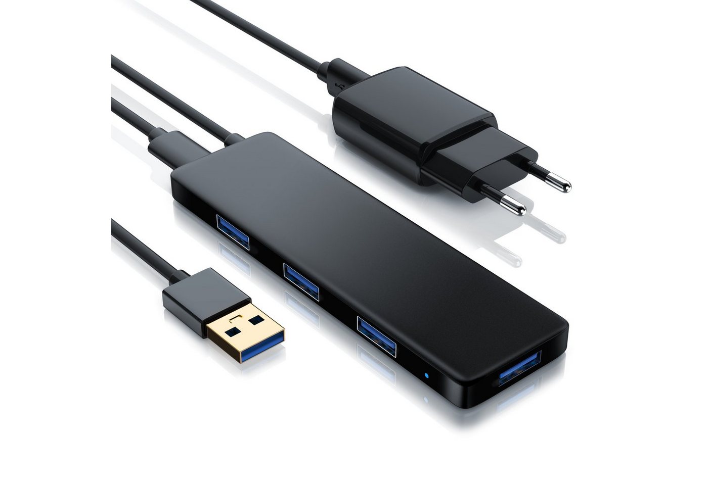 Primewire USB-Adapter, 150 cm, 4-Port aktiver Ultra Slim USB 3.2 Hub / Verteiler, Netzteil, Hot-Plug von Primewire