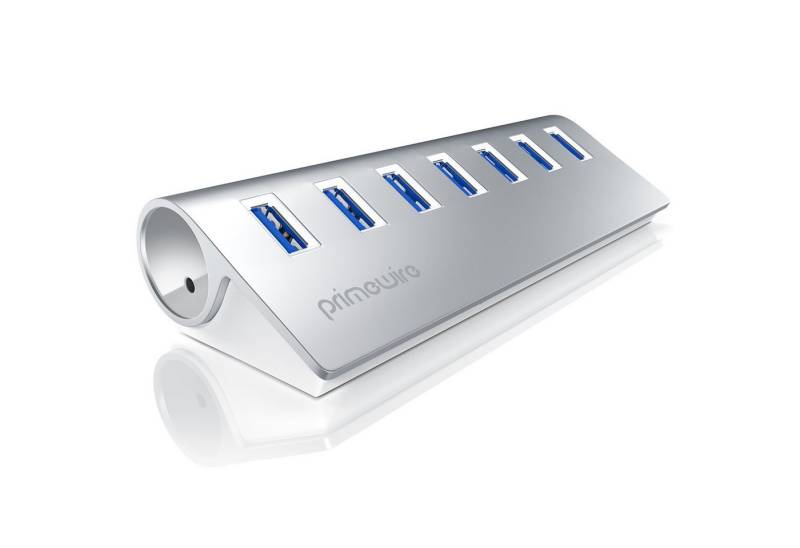 Primewire USB-Adapter, 7-Port USB 3.2 Gen1 Hub mit Netzteil, gebürstetes Aluminium-Gehäuse von Primewire