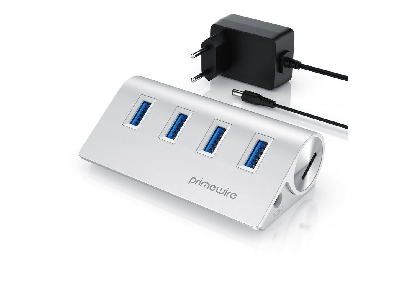 Primewire USB-Adapter 1× USB Typ A Stecker zu 4 x USB 3.2 Gen2 Buchse, 4 Port USB 3.2 Gen2 Hub Aktiv Verteiler mit Netzteil, Alugehäuse von Primewire