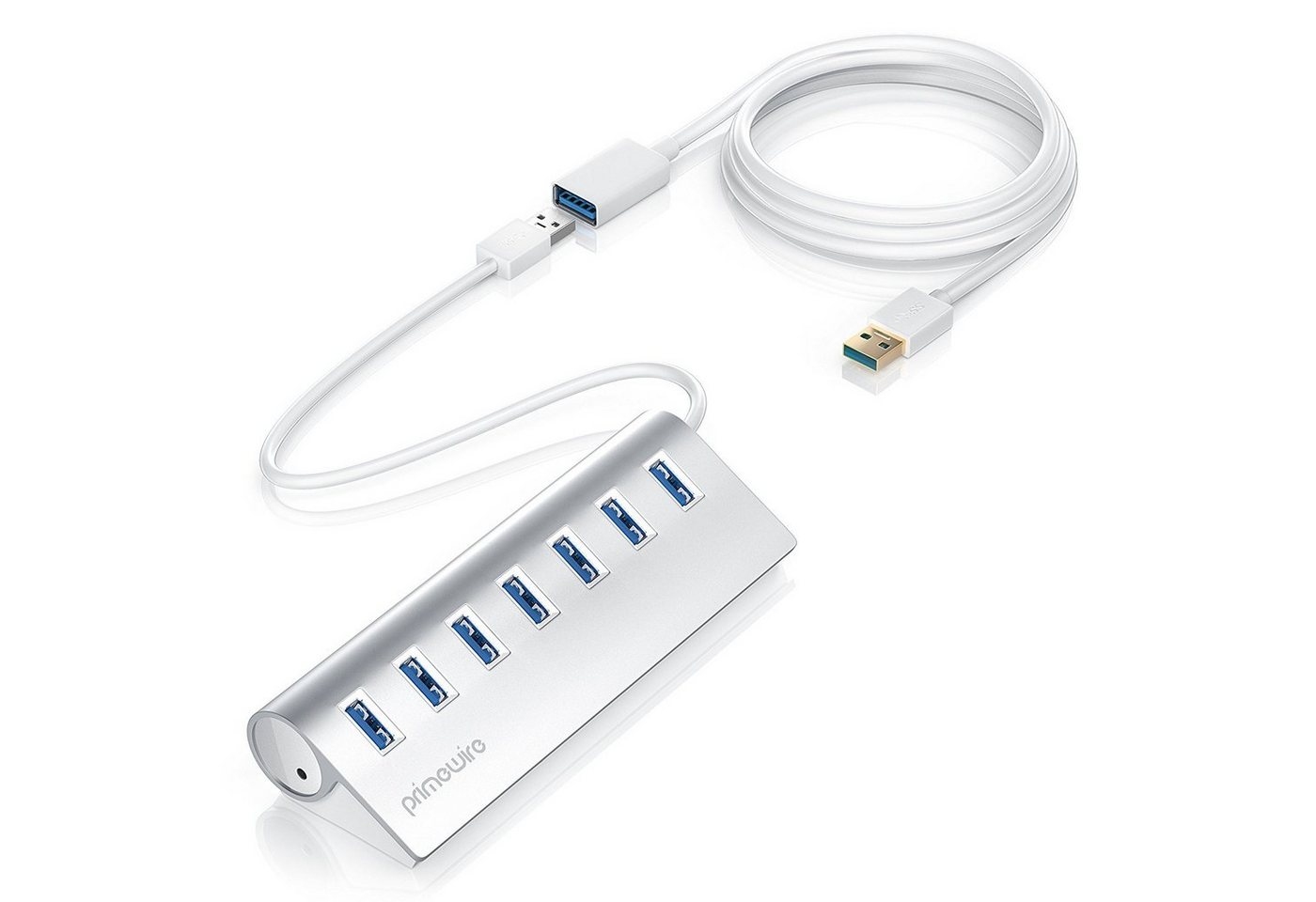 Primewire USB-Adapter USB 3.0 Typ A zu 7× USB, 100 cm, 7-Port USB 3.0 Hub inkl. 1m Verlängerungskabel, Alu Gehäuse & Netzteil von Primewire