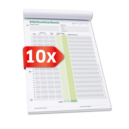 PRIMUS PRINT – Arbeitszeitnachweis Schreibblock A4 – Monatliche Arbeitszeiterfassung für 31 Tage – Stundennachweis für Minijob und Vollzeit – 50 Blatt, am Kopf geleimt mit Rückenpappe [10 x Block] von Primus-Print.de