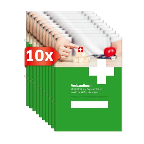 PRIMUS PRINT Verbandbuch - Unfallbuch - Erste-Hilfe Dokumentation - Meldebuch DSGVO konform - A5 Format - Ringösenheftung und Abrissperforation - Gewerbe, Arbeit und Erste-Hilfe-Maßnahmen [10er Set] von Primus-Print.de