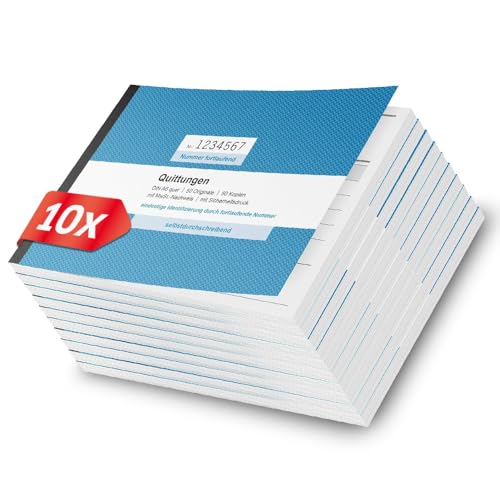 Primus Print Quittungsblock 10x DIN A6 quer & gelocht, 2x50 Blatt mit Durchschlag - mit Mwst, durchschreibend & fortlaufend nummeriert - Quittungsblock Kleinunternehmer - Rechnungsblock - Quittung von Primus-Print.de