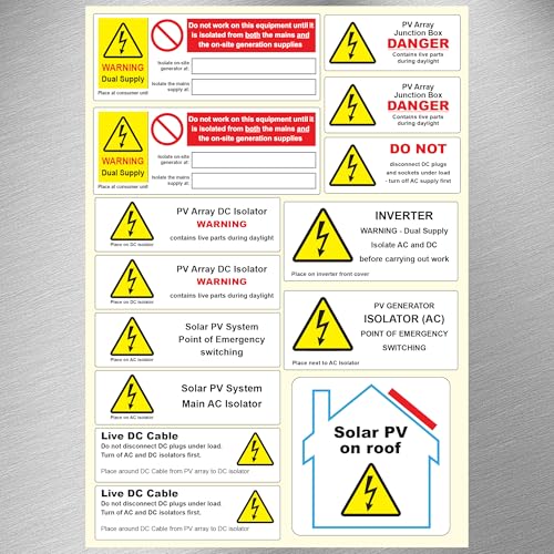Solar PV-Anlage Installation Warnschild Set - A4 Bogen - Preis pro Packung mit 140 Etiketten (14 Designs/10 Blatt pro Packung) von Print-72 Ltd