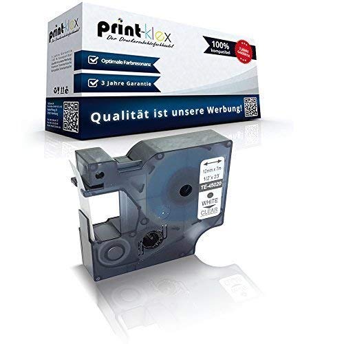 Print-Klex Schriftband kompatibel für Dymo D1 45020 Labelmanager 200 Labelmanager 210 D Labelmanager 220 P Labelmanager 260 P S0720600 12mmx7m Weiss auf Transparent - Office Print Serie von Print-Klex GmbH & Co.KG