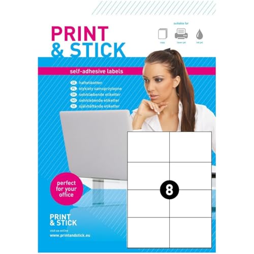 Universal Etiketten 8x 105 x 74 mm Bedruckbar Selbstklebend auf DIN A4 Bogen - 50 Blatt von Print&Stick