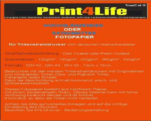 20 Blatt Fotopapier DIN A4, 260g/qm, high -Glossy (hoch-glaenzend) -sofort trocken -wasserfest-hochweiß-sehr hohe Farbbrillianz, für Inkjet Drucker (Tintenstrahldrucker). von Print4Life