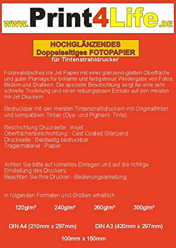 50 Blatt DIN A3 Fotopapier 300g /m² doppelseitig hochglänzend wasserfest lichtecht bis 9600 DPI bedruckbar Beidseitig beschichtet von Print4Life