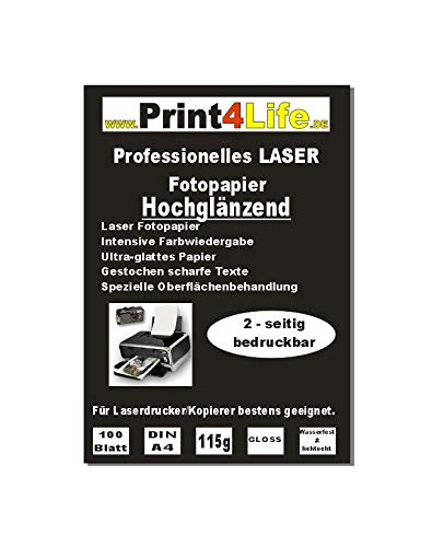 P4L – 100 Blatt DIN A4 115g/m² BEIDSEITIG hochglänzendes Fotopapier (High Glossy) für Laserdrucker/Kopierer von Print4Life