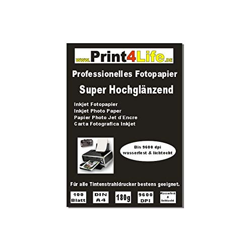 P4L – Premium Fotopapier 100 Blatt A4 180g/qm Highglossy hochglänzend wasserfest von Print4Life